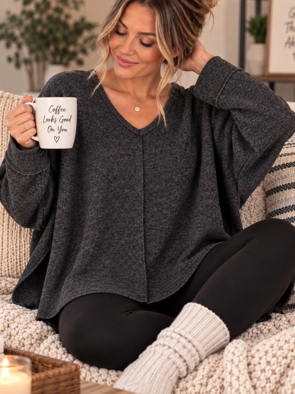 Zenana Charcoal Black Oversized V Neck Cozy Sweater Top Lounge Fuzzy Comfy L/XL